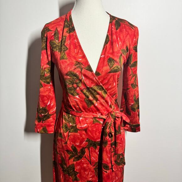 Fiori Di Zucca Silk Wrap Dress Women S Red Orange Leaf Print Knee Length Career - Picture 11 of 11
